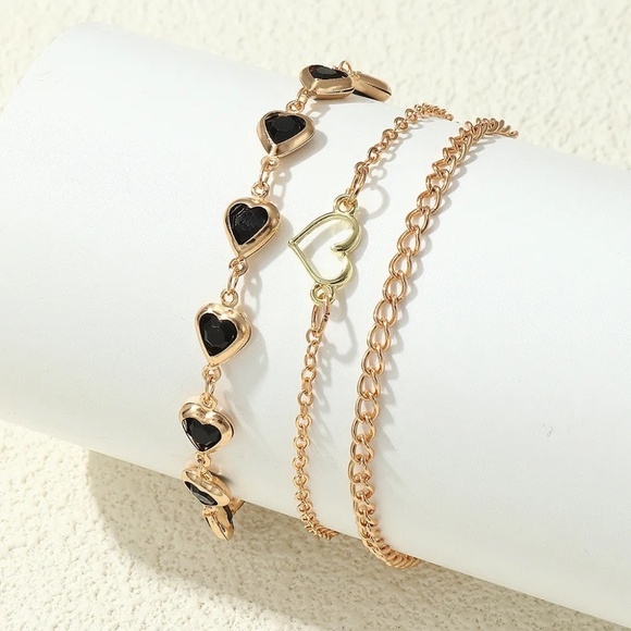 **TAJA* 3-Pc Gold x Black Heart Chain Fashion Anklet Set - Picture 1 of 6
